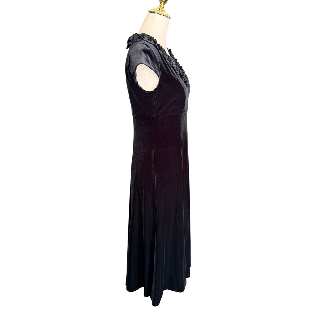 K Studio Collection Black Velvet Ruffle Empire Waist Midi Dress Size 6 Vintage - Picture 4 of 12